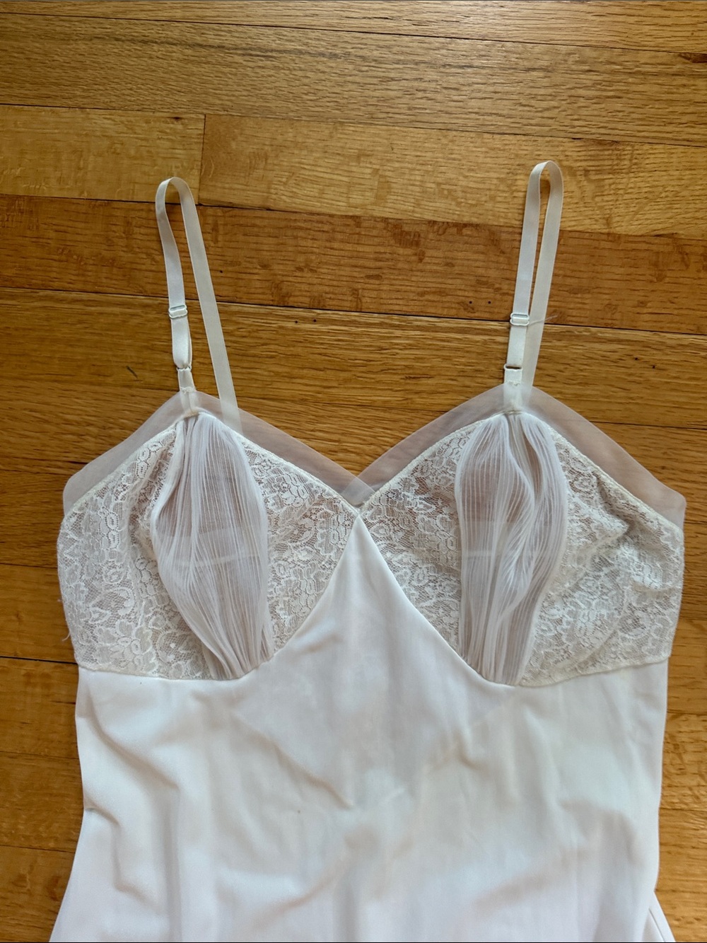Vintage Rogers Nightgown / Slip Off-White Sheer Pleated and Lace Bust & Hem - Picture 3 of 12